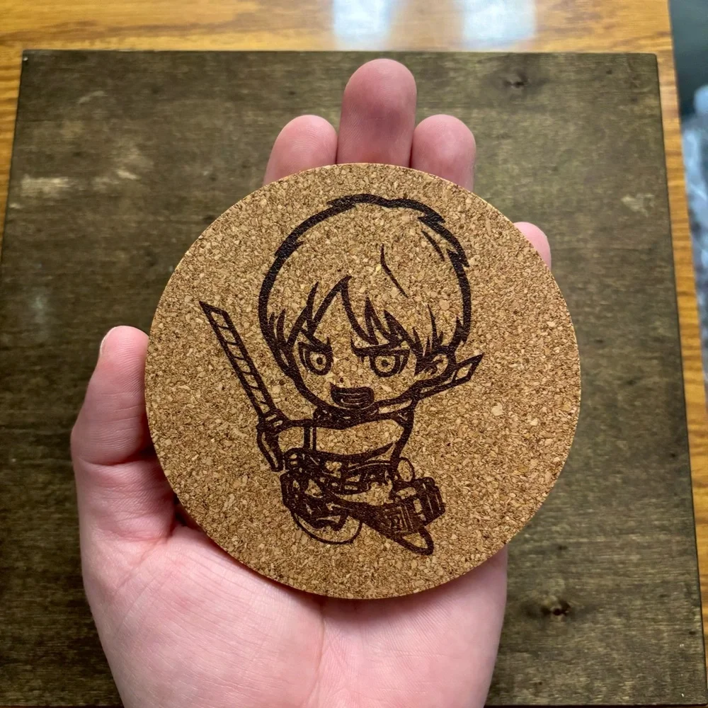 Attack On Titan Eren Yeager Chibi Style Laser Engraved Cork Coaster